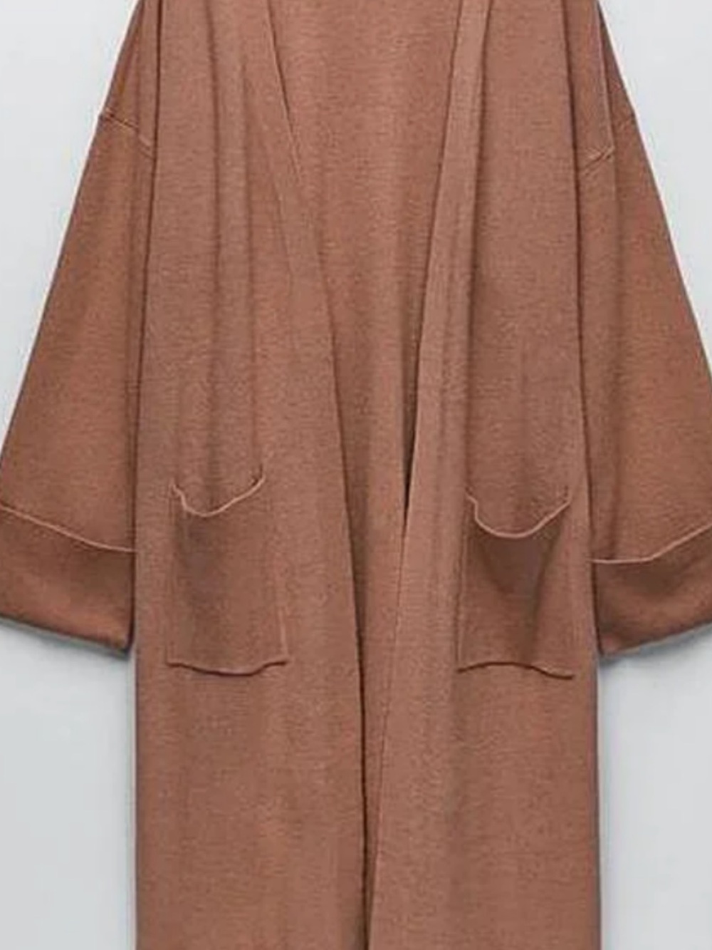 Zara Open-Front Long Cardigan Knit Camel Brown Oversized Patch Pockets S